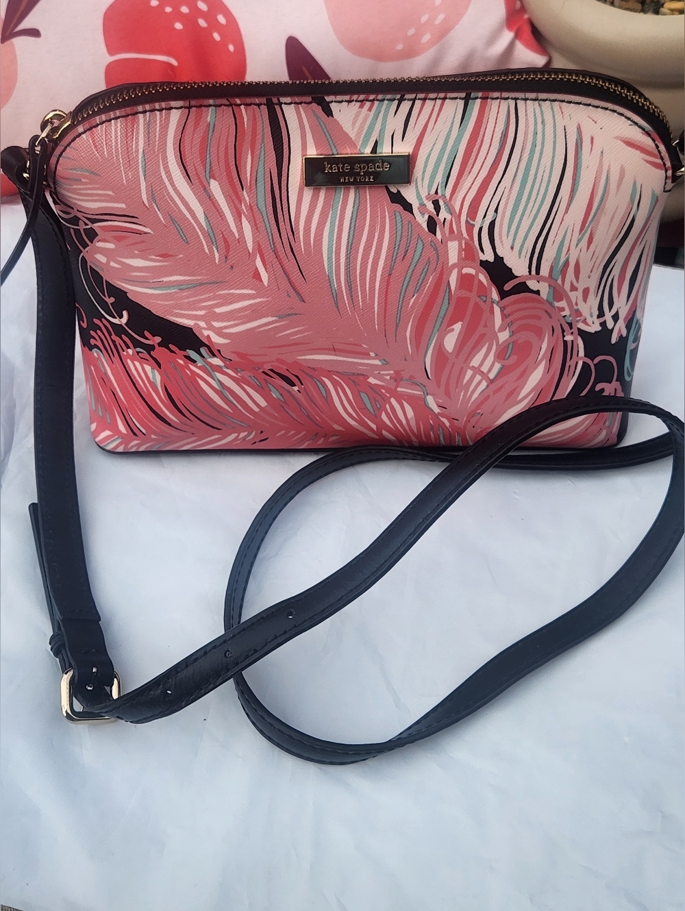 Kate Spade Pink and Black Feather Print Crossbody Bag W Kate Spade Bag Charm EUC - Picture 9 of 15